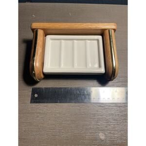 Vintage Oak Wood & Ceramic Wall Mount Soap Dish Brass Trim Bathroom Shelf